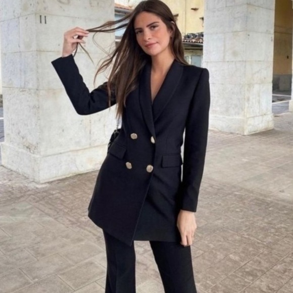ZARA Double Breasted long Black Blazer 8246/642 - Picture 8 of 16